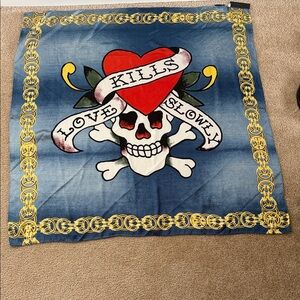 Ed Hardy “Love Kills Slowly” Silk Scarf- Gold & Navy Graphic Print- NWT